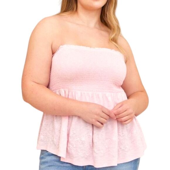 TORRID Plus Size Pink Cotton Strapless Smocked Bodice Embroidered Top 1X - Picture 6 of 14